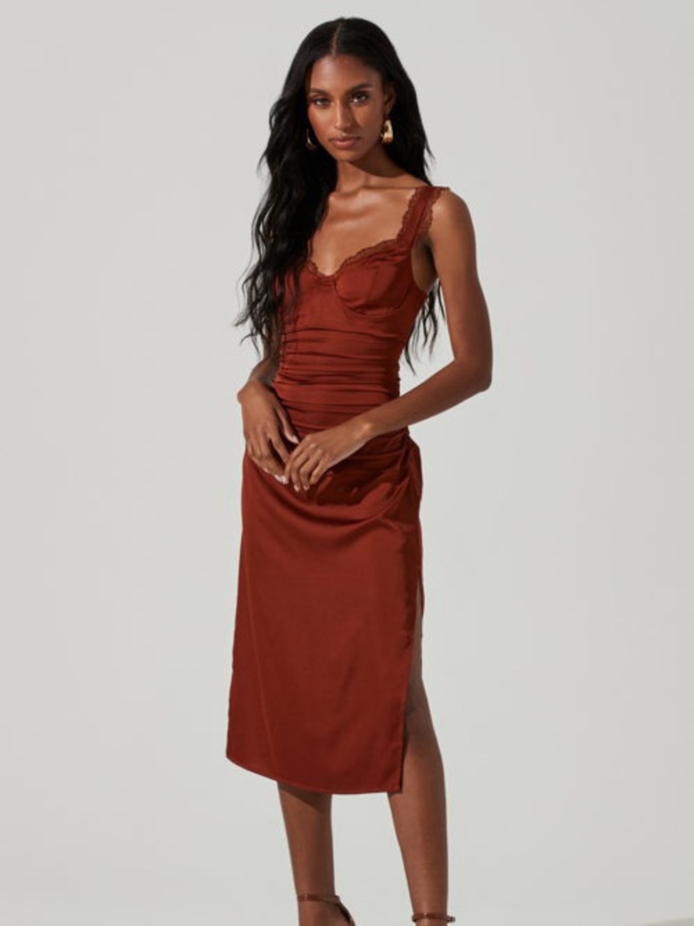 Astr Rust Lace-Trim Midi Dress